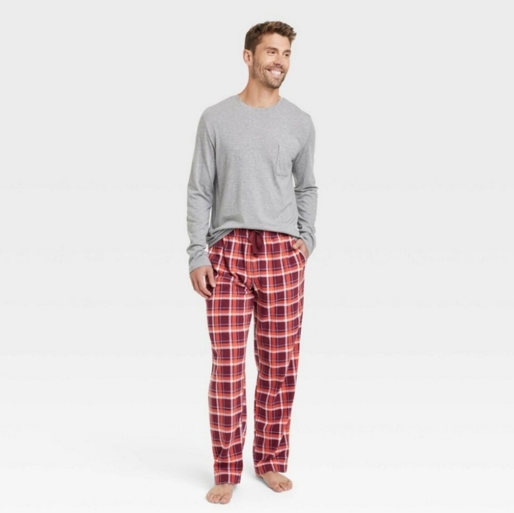 Mens Plaid Microfleece Pajama Set 2pc - Gray/Red
